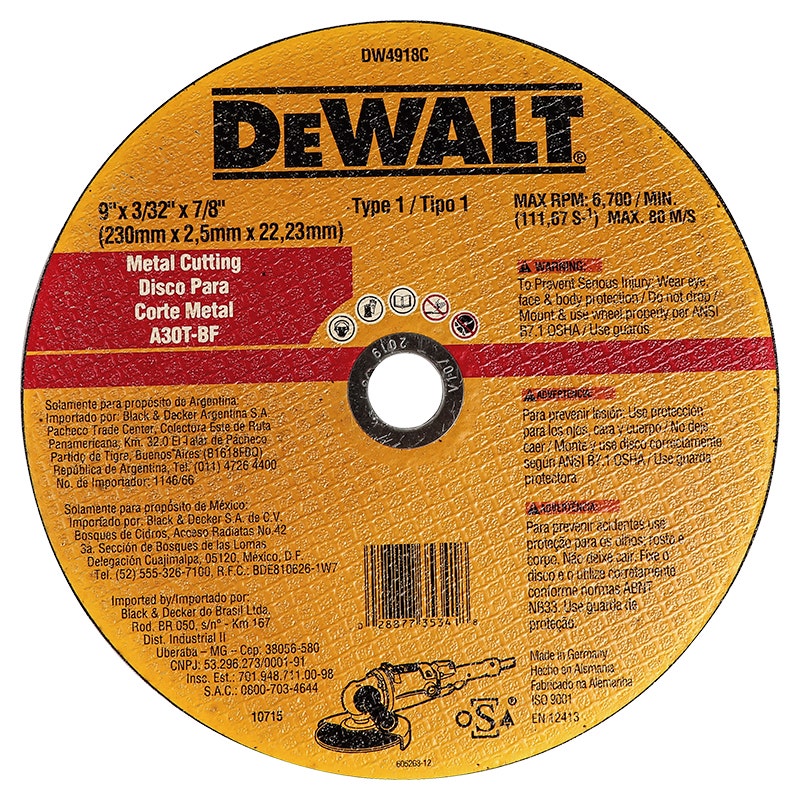 Disco de corte abrasivo para metal 9" x 2.3 mm Dewalt