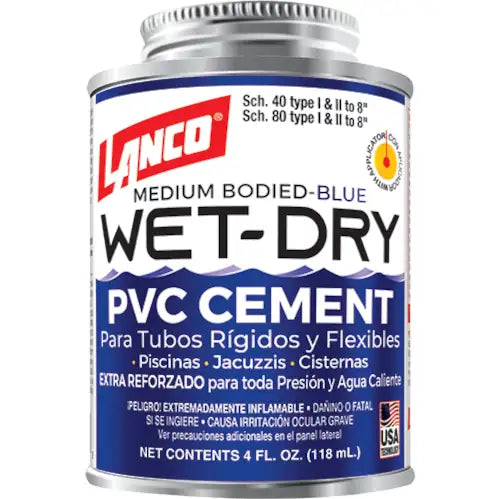 Pegamento PVC agua fria y caliente Wet-Dry azul 1/32 galon Lanco SM248-8
