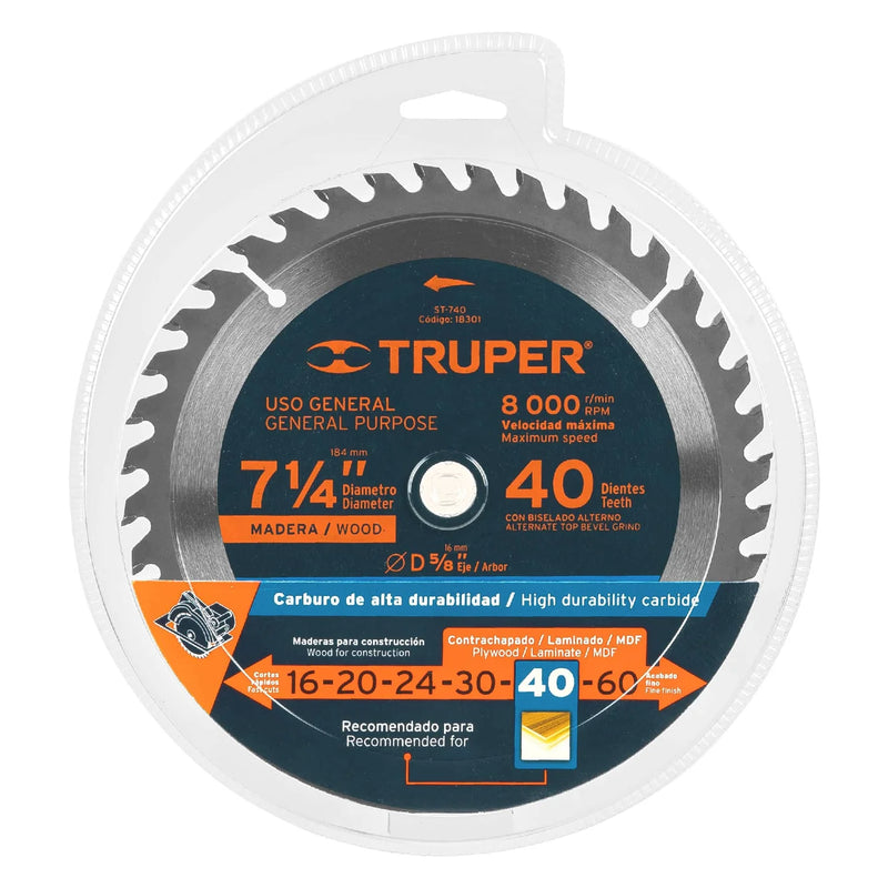 Disco para sierra circular corte madera 7-1/4" 40T Truper
