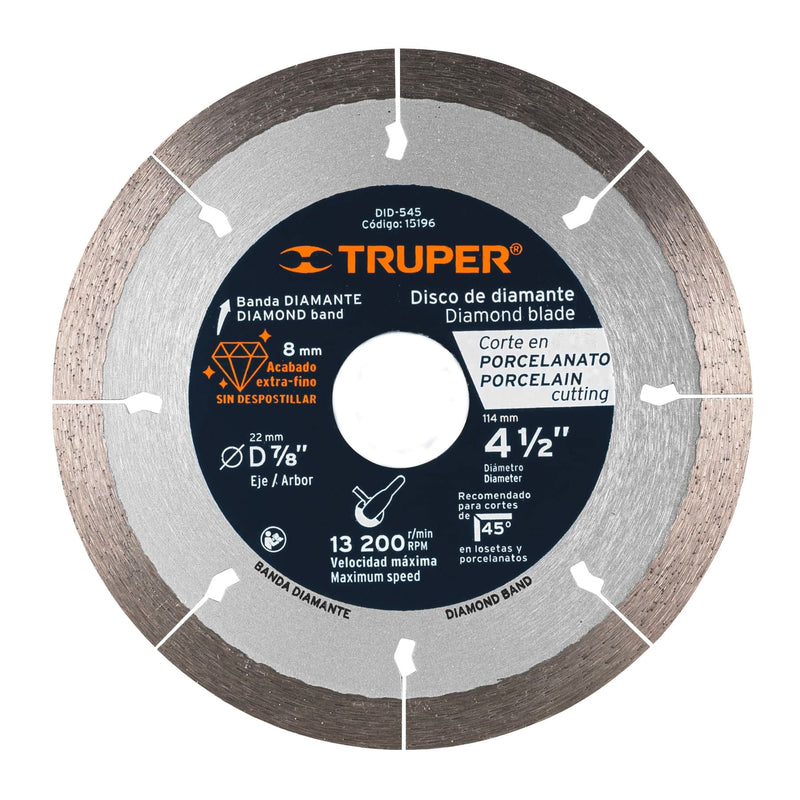 Disco de corte diamantado segmentado 4-1/2" para porcelanato Truper DID-545 / 15196