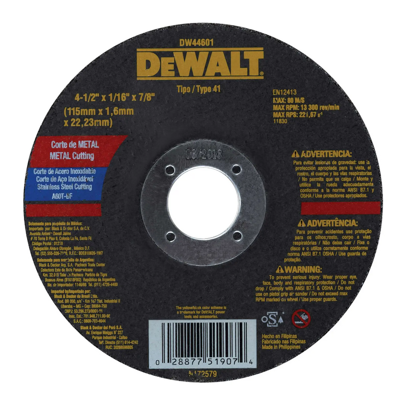 Disco de corte abrasivo para metal 4-1/2" x 1.6 mm Dewalt DW44601