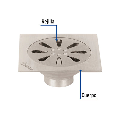 Drenaje cuadrado 10 cm (4”) de acero inoxidable con salida de 38 mm (1-1/2") cromo Aqua Foset RS-605 / 45471