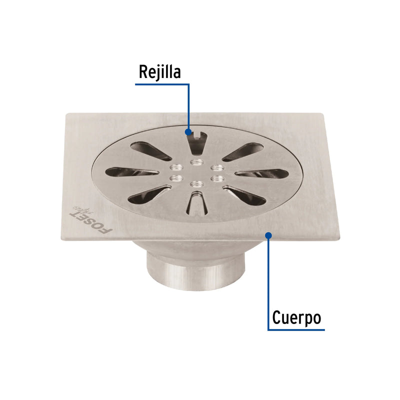 Drenaje cuadrado 10 cm (4”) de acero inoxidable con salida de 38 mm (1-1/2") cromo Aqua Foset RS-605 / 45471