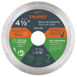 Disco de corte diamantado continuo 4-1/2" para acabado fino Truper DID-145 / 12977