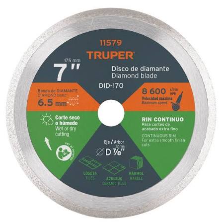 Disco de corte diamantado continuo 7" Truper DID-170 / 11579