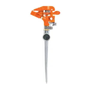 Aspersor para riego de 20.6 metros 360 grados 2 vias metalico de pulsaciones con estaca Truper